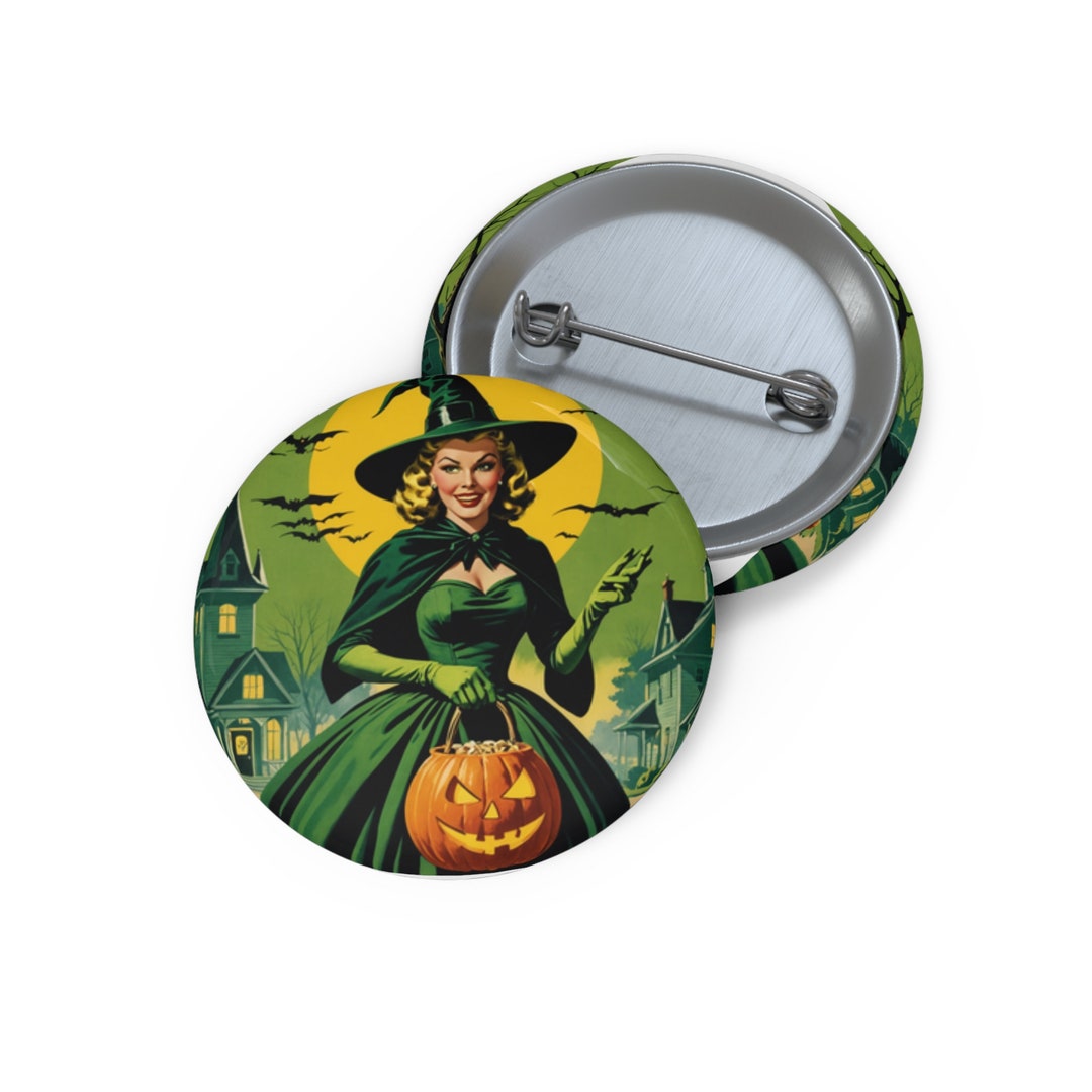 Vintage Inspired 1950s Witch Halloween Pin Button 1.25
