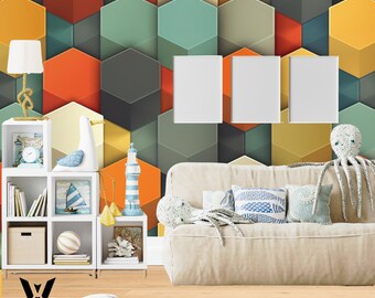 Colorful Hexagonal Pattern Wallpaper, Vintage Peel And Stick Wallpaper, Boho Pattern Wall Decor, Self Adhesive Wall Mural