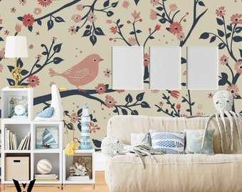 Birds On Tree Wallpaper, Vintage Peel And Stick Wallpaper, Botanical Pattern Wall Decor, Self Adhesive Wall Mural