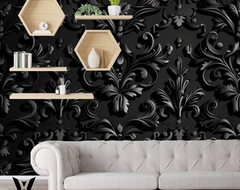 Zwart damast patroon behang, vintage peel en stick behang, decoratief patroon wand decor, zelfklevende muur muurschildering
