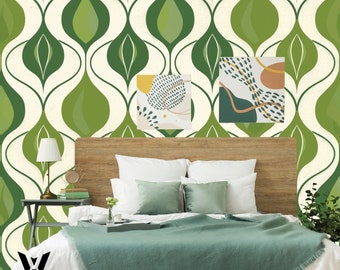 Green Ogee Oval Design Wallpaper, Vintage Peel And Stick Wallpaper, Aesthetic Pattern Wall Decor, Self Adhesive Wall Mural