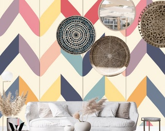 Colorful Chevron Pattern Wallpaper, Vintage Peel And Stick Wallpaper, Modern Pattern Wall Decor, Self Adhesive Wall Mural