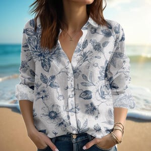Blue Floral Linen Look Blouse Shirt, Women Button Down Long Sleeve Top, Elegant Garden Print Shirt, Casual Spring Summer Outfit