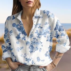Blue Floral Button Down Shirt, Watercolor Flower Linen Shirt, Lightweight Beach Blouse, Summer Long Sleeve Shirt for Women