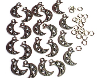 20 Pewter Moon Stars charms & Jumprings