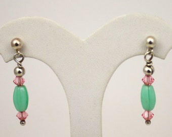 Pink and Green Delicate Earrings on Sterling Posts