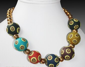 Multi-Color Big Polymer Clay Bead  & Brass Necklace OOAK