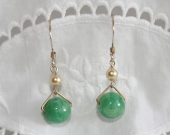 Green Pearl Dangle Earrings/ Green Dangle Earrings/ Green Drop Earrings/ Green Pearl Gold Earrings/OOAK