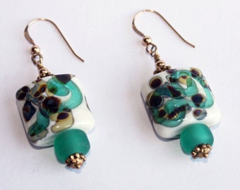 Teal  Aqua Lampwork Square Bead Gold Earrings