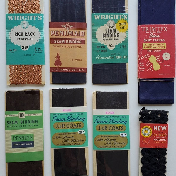 12 piece Collection of Vintage Sewing Notions including Rick Rack, Seam Binding and Bias facing