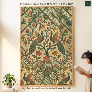 Pastell javanesisk batik påfågelväggkonst, vintage botanisk tryck digital affisch (digital nedladdning)