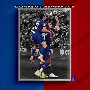 May include: A framed poster featuring a black and white photograph of football players in blue kits celebrating on a pitch. The text at the top reads EXCLUSIVE RARE POSTER - A1 59.4 X 84.1 CM - 300 PPI. The image includes white signatures overlaid on the players.