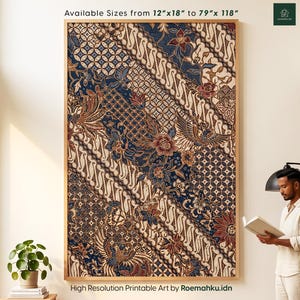 May include: A large rectangular wall art print featuring a traditional Indonesian batik pattern with intricate floral and bird motifs in shades of deep blue, cream, and brown, with text stating Available Sizes from 12"x18" to 79"x 118".