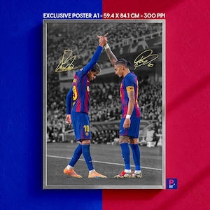 May include: Exclusive poster A1, 59.4 x 84.1 cm, featuring two soccer players in blue and red uniforms, with a black and white background of a stadium. The poster includes signatures and is set against a blue and red backdrop.