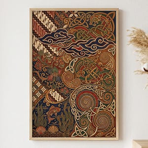 May include: A rectangular framed wall art print featuring a complex fusion of intricate patterns. The design combines traditional batik-style floral and geometric motifs with swirling Celtic knotwork, stylised clouds, a fish, and seashells in a rich palette of deep blue, terracotta, gold, and green.
