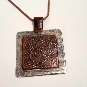 Etched Leaves and Flowers Square Pendant Necklace Copper Silver
