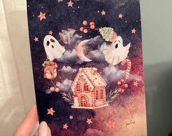 Last 5! Giclee Fine Art Print Winter Yule Christmas Moon Gingerbread House Ghost Ghosts Halloween Spooky 5x7 Terri Foss