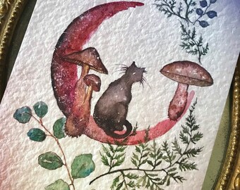 New Thinner Satin Paper! 5x7 Art Print from my Original Painting Cat Crescent Moon Greenery Mushrooms Botanical Witch Terri Foss