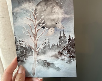 Giclee Fine Art Print Winter Yule Christmas Moon Ghost Halloween Spooky 5x7 Terri Foss