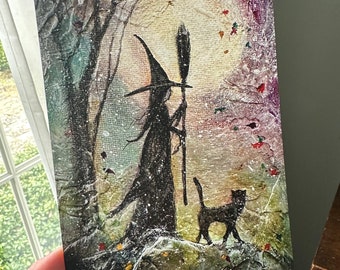 Giclee Fine Art Print from my Painting Moon Witch Cat Autumn Fall Goddess Halloween Yule Christmas 5x7 Terri Foss