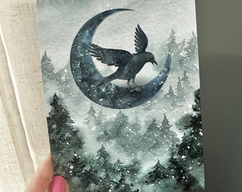 Last 3! Giclee Fine Art Print Pines Raven Crow Black Bird Winter Christmas Yule Moon Halloween 5x7 Terri Foss