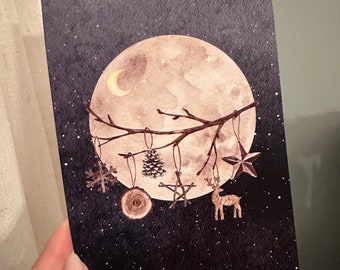 Last 3! Giclee Fine Art Print Moon Witch Winter Yule Christmas 5x7 Terri Foss