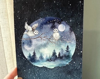 Giclee Fine Art Print Pines Owl Winter Christmas Yule Moon Halloween 5x7 Terri Foss