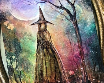 5x7 Art Print from my Original Painting Forest Goddess Full Moon Witch Halloween Terri Foss