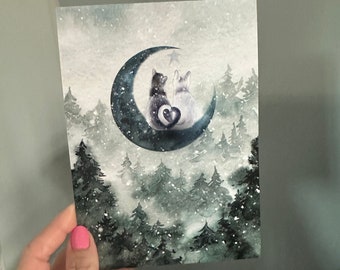 Giclee Fine Art Print Pines Cat Cats Winter Christmas Yule Moon Halloween 5x7 Terri Foss