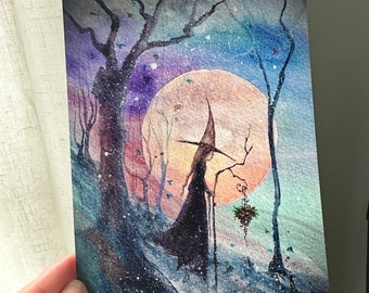 Giclee Fine Art Print Witch Winter Yule Christmas Autumn Fall Moon Witch Halloween 5x7 Terri Foss