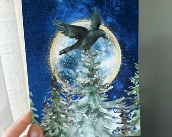 Giclee Fine Art Print Pines Raven Crow Black Bird Winter Christmas Yule Moon Halloween 5x7 Terri Foss