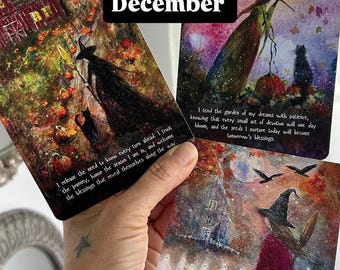Ensemble de trois cartes d'affirmation octobre novembre décembre - Lune des sorcières - Peinture artistique Halloween Automne - Terri Ann Foss