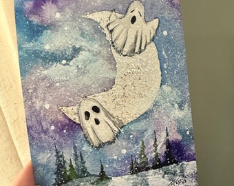 Giclee Fine Art Print Winter Yule Christmas Moon Ghost Halloween Spooky 5x7 Terri Foss