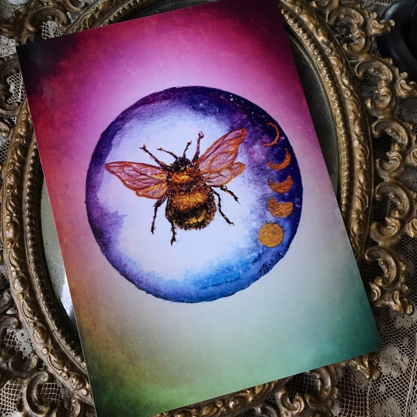 Last One! Retiring! 5x7 One Art Print from my Original Painting Moon Phases Save the Bees Bee Planet Universe Celestial Terri Foss