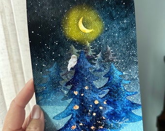 Giclee Fine Art Print Pines Owl Winter Christmas Yule Moon Halloween 5x7 Terri Foss
