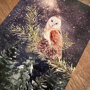 Giclee Fine Art Print Owl Bird Moon Winter Yule Christmas 5x7 Foss image 3