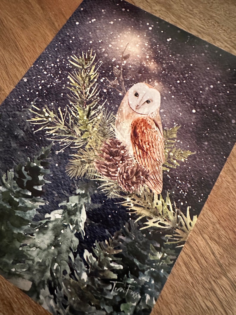 Giclee Fine Art Print Owl Bird Moon Winter Yule Christmas 5x7 Foss image 3