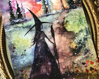 5x7 Art Print from my Original Painting Pines Broomstick Broom Autum Goddess Full Moon Witch Halloween Terri Foss