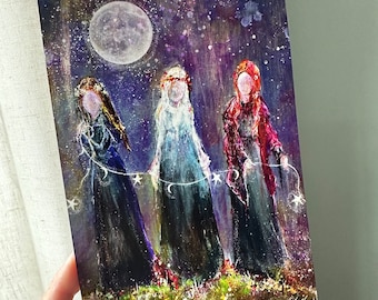 Giclee One Fine Art Print Witch Sisters Coven Celestial Full Moon Witch Halloween 5x7 Terri Foss