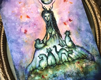 New! 5x7 Art Print from my Original Painting Cat Cats Faerie Fairy Antlers Goddess Full Moon Witch Halloween Terri Foss