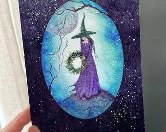 Last Two! Giclee Fine Art Print Wreath Winter Yule Christmas Moon Witch Halloween 5x7 Terri Foss