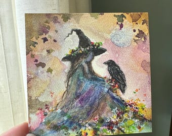 New! Art Print Terri Ann Foss Witch Moon Crow Raven Black Bird Autumn Fall Spring Summer Flowers Halloween