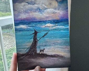 Giclee One Fine Art Print Witch Cat Sea Ocean Full Moon Witch Halloween 5x7 Terri Foss