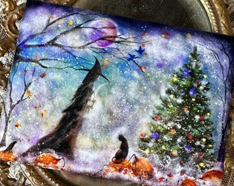 Giclee 5x7 One Art Print from my Original Painting Cat Moon Witch Halloween Yule Solstice Winter Snow Christmas Terri Foss