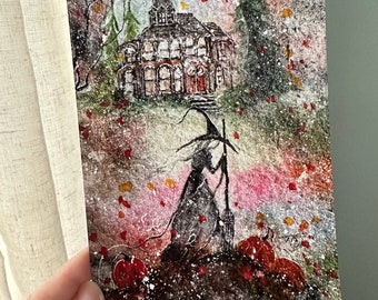 Giclee Fine Art Print from my Painting Moon Witch Cat Pumpkin Autumn Fall Victorian House Halloween 5x7 Terri Foss