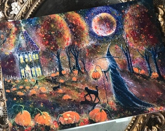 5x7 One Art Print from my Original Painting Autumn Pumpkin House Cat Witchcraft Full Moon Witch Halloween Gothic Folk Terri Foss