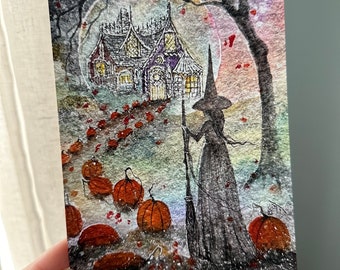 Giclee Fine Art Print from my Painting Moon Witch Cat Pumpkin Autumn Fall Victorian House Halloween 5x7 Terri Foss