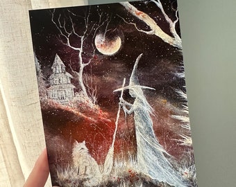 Giclee Fine Art Print from my Painting Moon Witch Fox House Halloween 5x7 Terri Foss