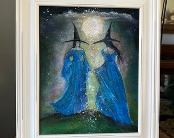 Terri Foss Original Acrylic Painting 8x10 Flat Canvas Panel Witch Sisters Moonlit Coven Full Moon Halloween Art Illustration