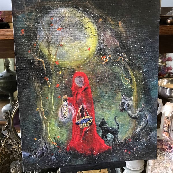 Last one! 8x10 Print from Original Painting Little Red Riding Hood Cat Girl Pagan Moon Witch Wiccan Witchcraft Cat Halloween Gothic Folk Ter